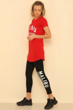 Kadın Likralı Bisiklet Yaka Uzun T-shirt Tayt İkili Takım Kırmızı