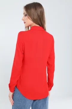 Kadın Likralı Kol Apoletli Basic Gömlek Kırmızı