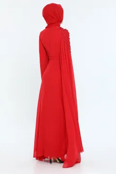 Kadın Modest Omuzu Boncuk Pelerinli Uzun Tesettür Abiye Elbise Kırmızı