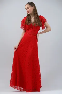 Kadın V Yaka Ön Tül Dekolteli Beli Güpürlü Büyük Beden Abiye Elbise Kırmızı