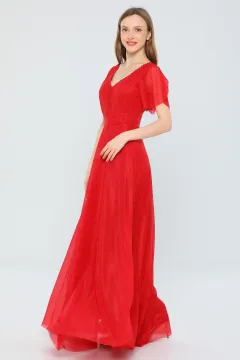 Kadın Yaka Tül Dekolteli Kol Volanlı Astarlı Işıltılı Uzun Abiye Elbise Kırmızı