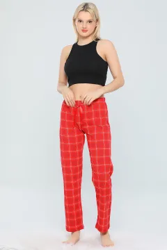 Kadın Yüksel Bel Ekose Desenli Pijama Altı Kırmızı