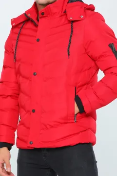 Erkek Kapüşonlu İç Astarlı Kışlık Şişme Mont Kırmızı