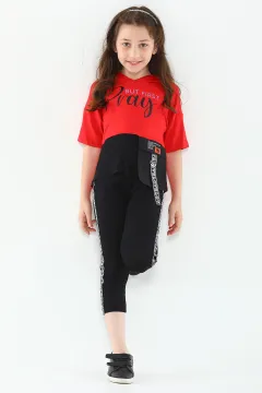 Kız Çocuk Likralı Kapüşonlu Baskılı Cep Detaylı T-shirt Tayt İkili Takım Kırmızı