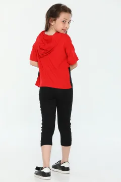 Kız Çocuk Likralı Kapüşonlu Baskılı Cep Detaylı T-shirt Tayt İkili Takım Kırmızı