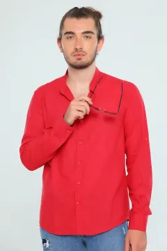 Erkek Nakışlı Uzun Kollu Keten Basic Gömlek Kırmızı