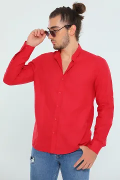 Erkek Nakışlı Uzun Kollu Keten Basic Gömlek Kırmızı