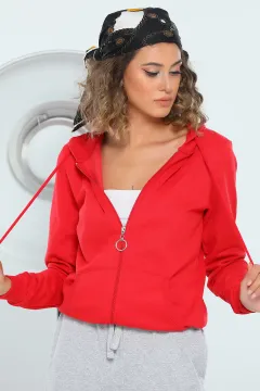Kadın Kapüşonlu Fermuarlı Slim Fit Basic Sweatshirt Kırmızı
