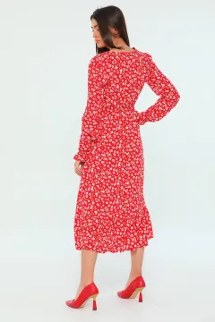 Yaka Düğmeli Eteği Yırtmaçlı Çiçek Desenli Kadın Elbise Kırmızı