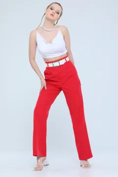 Yüksek Bel Bol Paça Kadın Pantolon Kırmızı