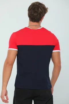 Erkek Likralı Bisiklet Yaka Garnili T-shirt Kırmızılacivert