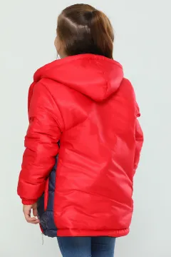 Kapüşonlu Fermuarlı Renk Bloklu Kız Çocuk Mont Kırmızılacivert
