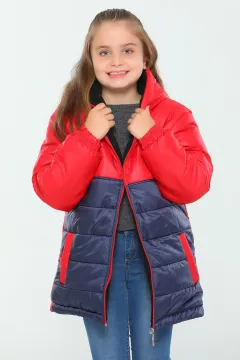 Kapüşonlu Fermuarlı Renk Bloklu Kız Çocuk Mont Kırmızılacivert