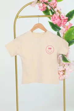 Kız Çocuk Bisiklet Yaka Baskı Detaylı T-shirt Bej