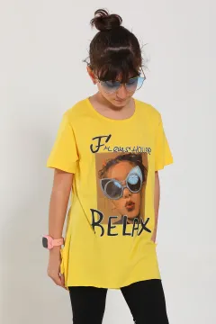 Kız Çocuk Bisiklet Yaka Ön Baskılı T-shirt Sarı
