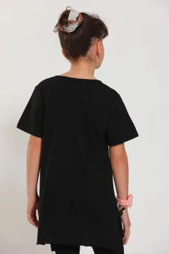 Kız Çocuk Bisiklet Yaka Ön Baskılı T-shirt Siyah