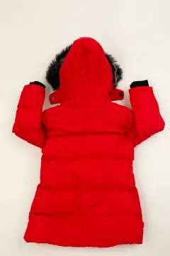 Kız Çocuk İçi Kürklü Kapüşonlu Fermuarlı Şişme Mont Kırmızı