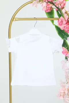 Kız Çocuk Omuz Fırfırlı Çiçek Baskılı T-shirt Beyaz