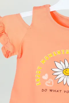 Kız Çocuk Omuz Fırfırlı Çiçek Baskılı T-shirt Somon