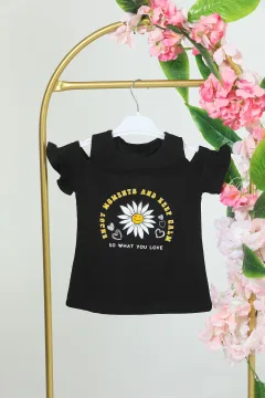 Kız Çocuk Omuz Fırfırlı Çiçek Baskılı T-shirt Siyah
