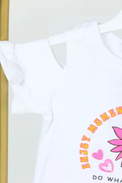 Kız Çocuk Omuz Fırfırlı Çiçek Baskılı T-shirt Beyaz