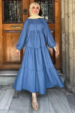 Kol Lastikli Ön Düğme Detaylı Fırfırlı Tesettür Elbise İndigo