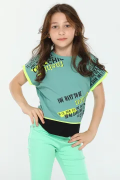 Kız Çocuk Likralı Bisiklet Yaka Kol Detaylı Baskılı T-shirt Koyumint