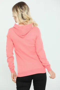 Kadın Kapüşonlu Fermuarlı Slim Fit Basic Sweatshirt KoyuPembe