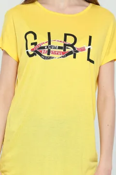 Kadın Likralı Bisiklet Yaka Baskılı Salaş T-shirt KoyuSarı