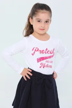 Kız Çocuk Likralı Baskılı Sweatshirt Krem