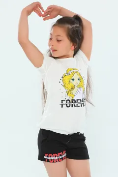 Kız Çocuk Likralı T-shirt Şort İkili Takım Krem