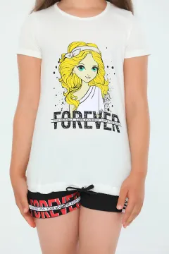 Kız Çocuk Likralı T-shirt Şort İkili Takım Krem