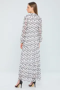 Kadın Hakim Yaka Çiçek Desenli Uzun Şifon Elbise Krem