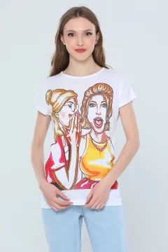 Kadın Likralı Baskılı T-shirt Krem
