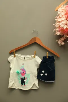 Kız Bebek Likralı Bisiklet Yaka Baskılı T-shirt Etek İkili Takım Krem