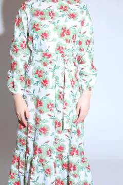 Kadın Modest Eteği Katlı Kol Lastikli Desenli Yazlık Tesettür Elbise Kremmint