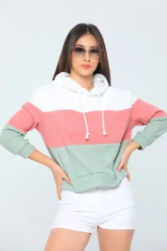Kadın Kapüşonlu Renk Bloklu Polar Sweatshirt Krempudra