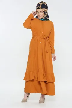 Kuşaklı Eteği Kat Kat Elbise Açık Camel