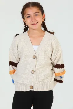 Kız Çocuk Kol Şeritli Triko Hırka Taş