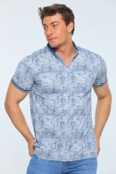 Erkek Likralı Polo Yaka Kol Lastikli Desenli T-shirt Lacivert