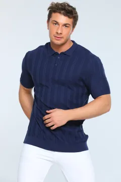 Erkek Likralı Polo Yaka Mevsimlik Triko T-shirt Lacivert