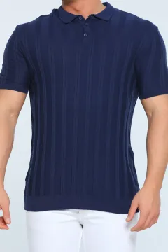 Erkek Likralı Polo Yaka Mevsimlik Triko T-shirt Lacivert