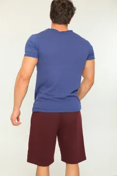 Erkek Likralı V Yaka Basic T-shirt Şort İkili Takım Lacivert