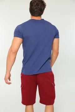 Erkek Likralı V Yaka Basic T-shirt Kargo Cepli Şort İkili Takım Lacivert