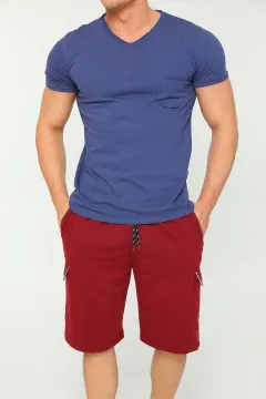 Erkek Likralı V Yaka Basic T-shirt Kargo Cepli Şort İkili Takım Lacivert