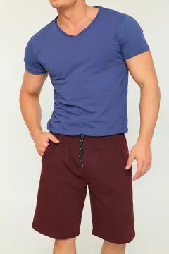 Erkek Likralı V Yaka Basic T-shirt Şort İkili Takım Lacivert