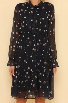 Kadın Çiçek Desenli İç Astarlı Mini Şifon Elbise Lacivert