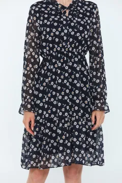Kadın Çiçek Desenli İç Astarlı Mini Şifon Elbise Lacivert