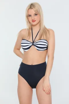 Kadın Likralı Süper Yüksek Bel Boyundan Bağlamalı Hafif Destekli Desenli Bikini Lacivert