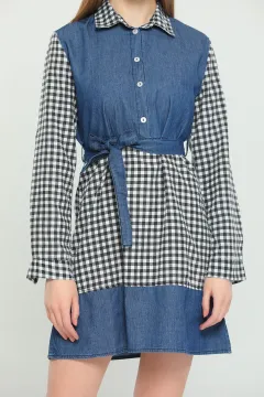 Kadın Pötikare Gömlek Yaka Mini Jean Elbise Lacivert